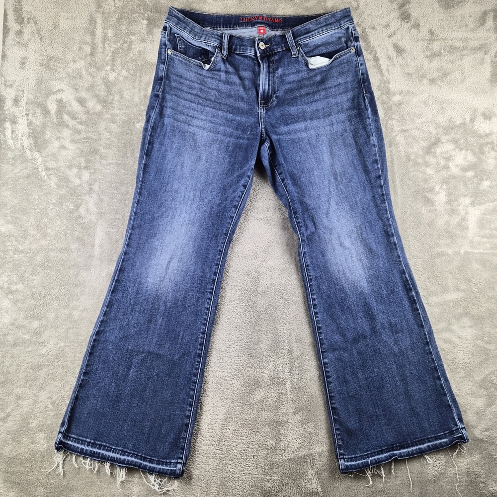 Lucky Brand Sweet Mid Rise Flare Jeans Womens 14 32 Blue Stretch Frayed Raw Hem